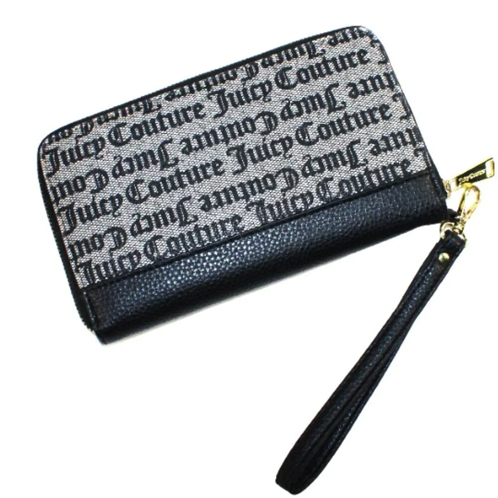Juicy Couture Signature Monogram Zip-Around Wristlet Wallet Black & Gold Logo